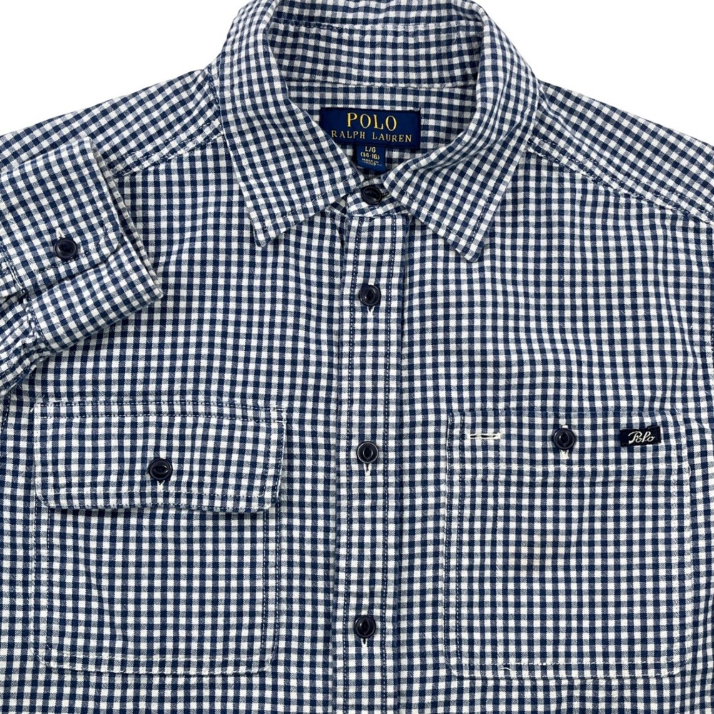 Polo Ralph Lauren Boys Workshirt Blue White Gingham Picnic Plaid Size XL 14/16